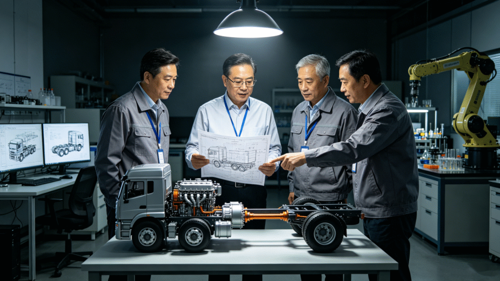 Engineers reviewing custom truck technical drawings