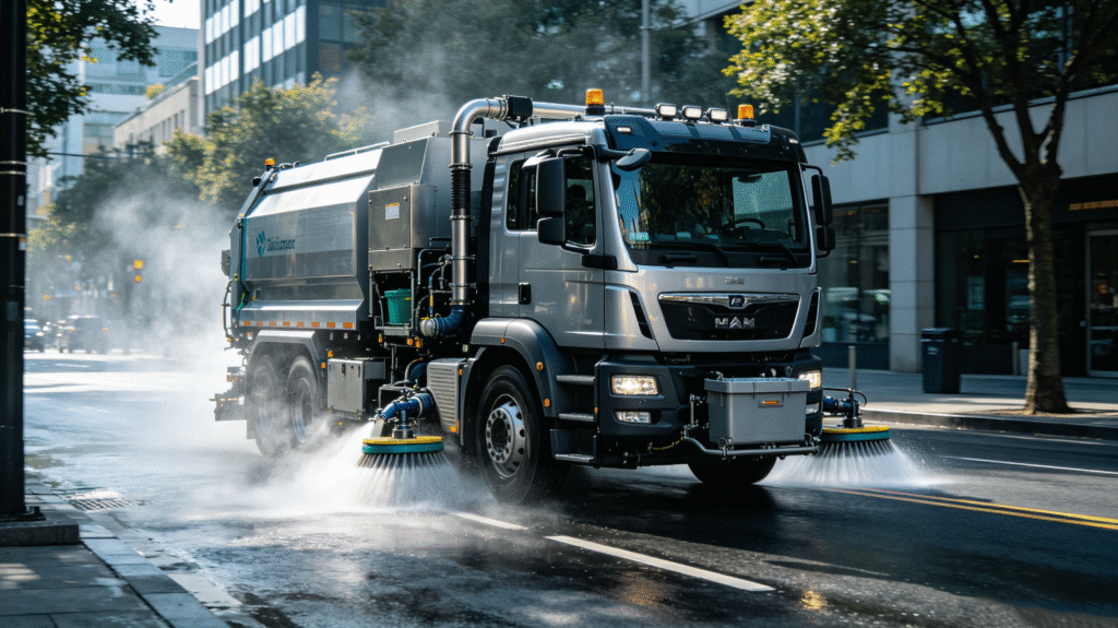 Heavy duty municipal road sweeper vehicle